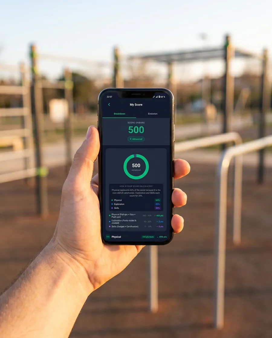 Athlete checking their Onbars score at a calisthenics park