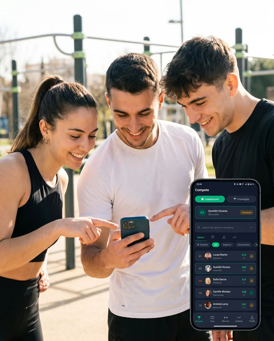 Friends comparing the Onbars leaderboard outdoors