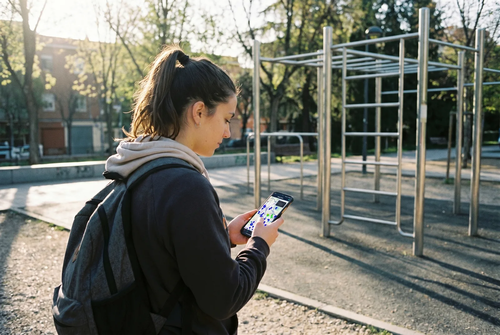 An athlete arriving at a street workout park, finding it on the Onbars map