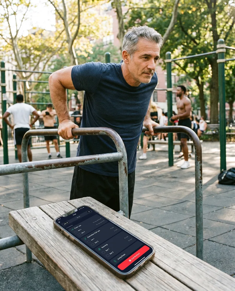 Athlete in his fifties training on the dip bars