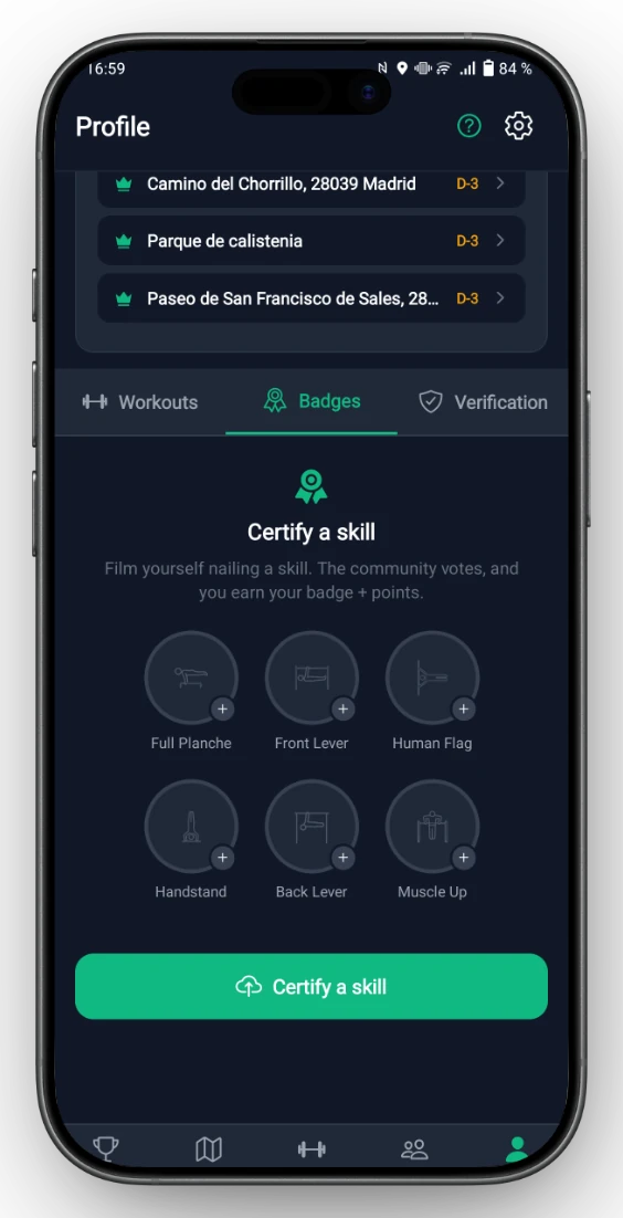 Skill badges and certification tabs on an Onbars profile