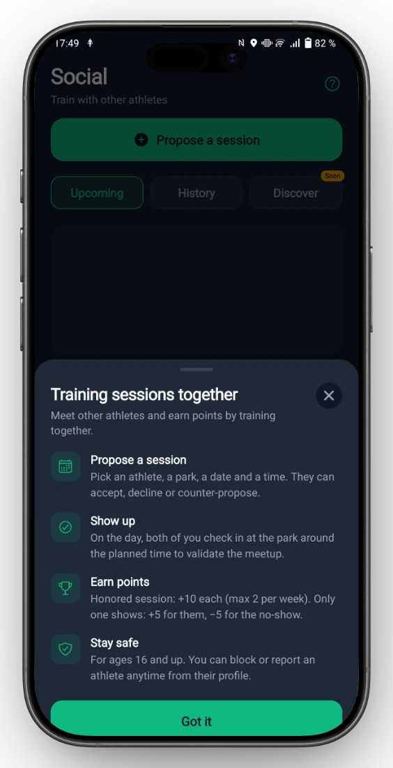 In-app explainer: propose a session, show up, earn points, stay safe